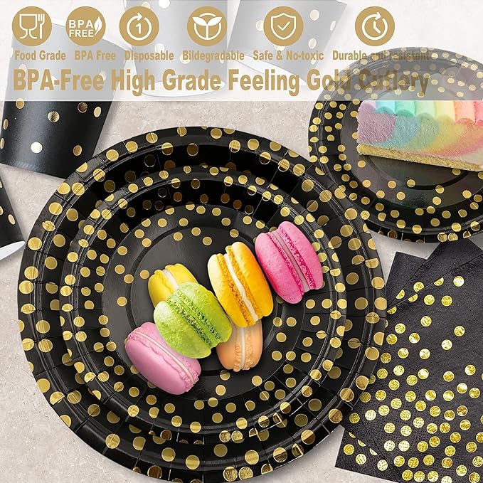 Bulk 50 Pcs Disposable Party Dinnerware Set with Golden Dot Paper Plate Paper Cup Napkin Tableware Set Wholesale
