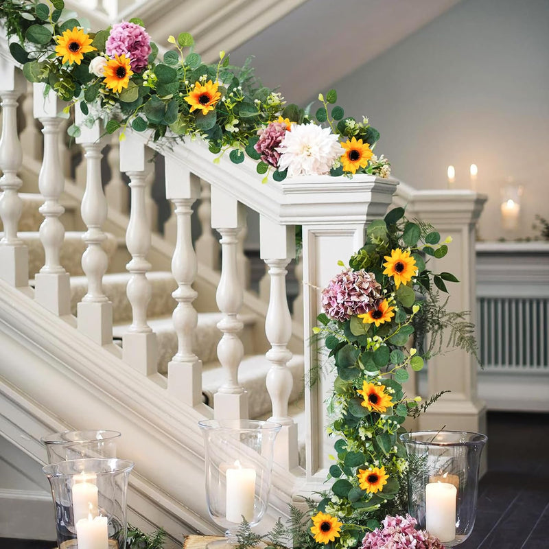 7.5ft Artificial Sunflower Garland 7 Stems Silk Flowers with Green Leaves Outdoor Indoor Decor