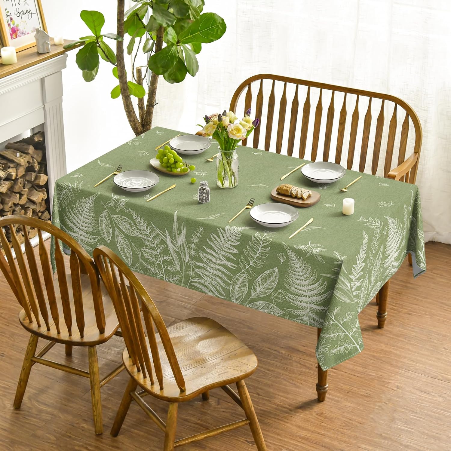 Bulk Spring Fern Tablecloth 60×84 Inch Rectangular Green Plants Washable Cover for Party Picnic Decor Wholesale
