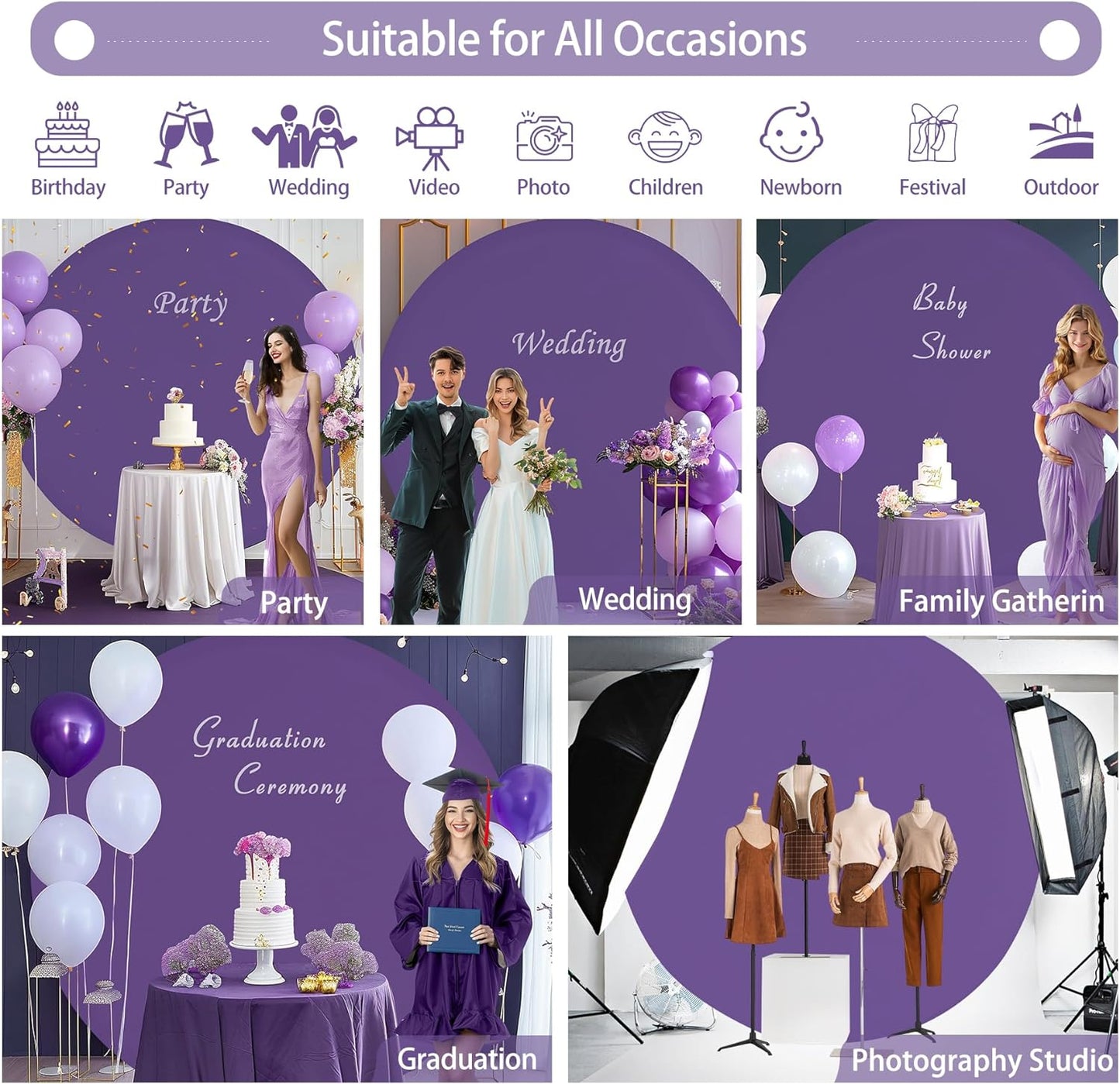 Bulk Adjustable White Round Backdrop Cover for 5 to 7.2ft Circle Arch Stand - Polyester Wedding, Birthday Party, Photography Decoration Wholesale