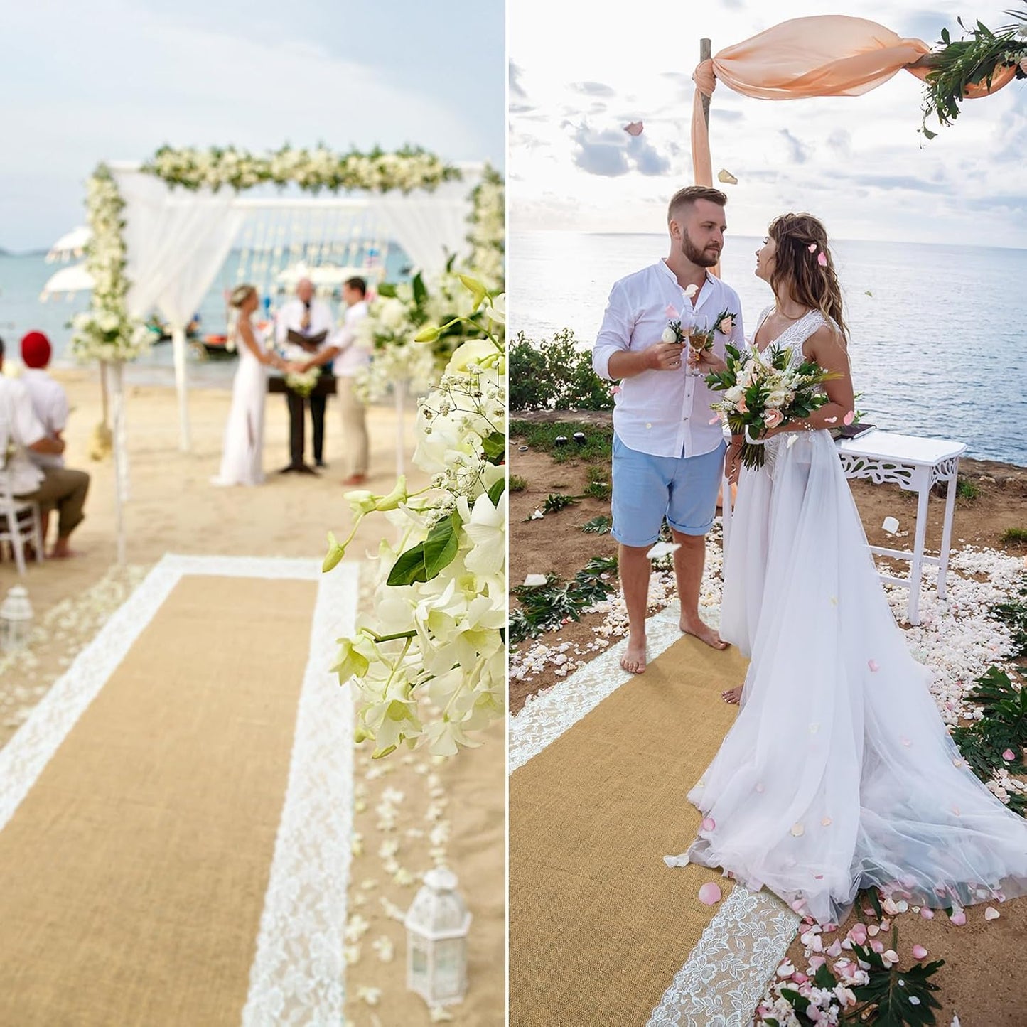 Bulk Wedding Aisle Runner Heavy Duelayer Jute with Antique Lace Trim UV-Resistant & Biodegradable for Beach Garden Church Weddings Commercial-Grade Outdoor Ceremony Path Wholesale