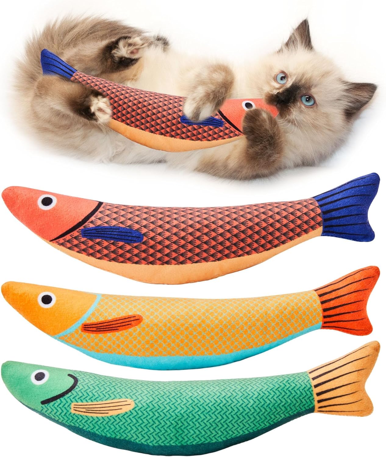 Premium Cat Saury Fish Toy 3 Pack Crinkle Sound Organic Catnip for Indoor Exercise Chew Resistant Multi-Stimulation All Breeds