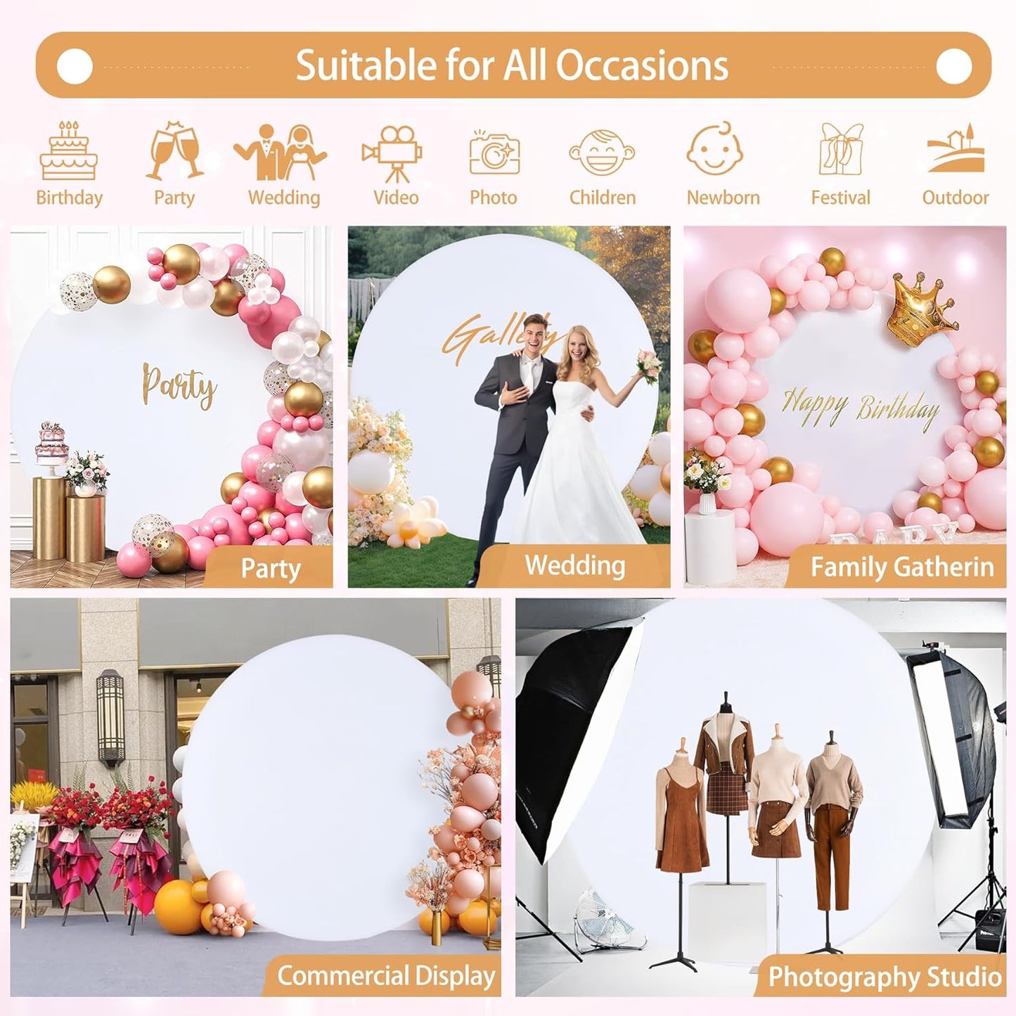 Bulk Adjustable White Round Backdrop Cover for 5 to 7.2ft Circle Arch Stand - Polyester Wedding, Birthday Party, Photography Decoration Wholesale