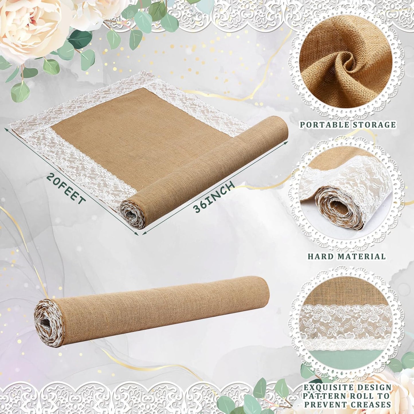 Bulk Wedding Aisle Runner Heavy Duelayer Jute with Antique Lace Trim UV-Resistant & Biodegradable for Beach Garden Church Weddings Commercial-Grade Outdoor Ceremony Path Wholesale