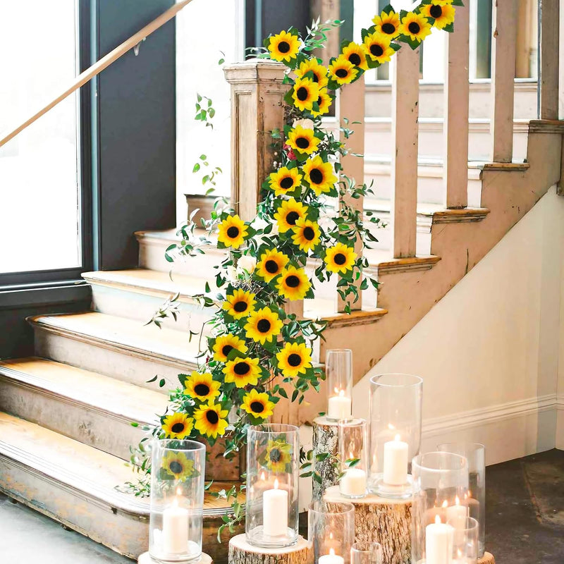 7.5ft Artificial Sunflower Garland 7 Stems Silk Flowers with Green Leaves Outdoor Indoor Decor