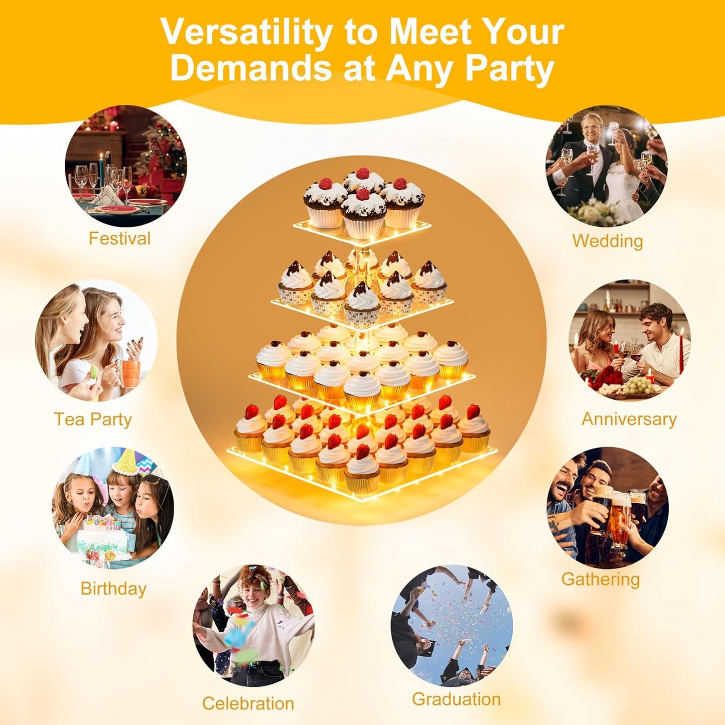 Bulk 2 Pcs Cupcake Stand Holder Acrylic Tower with LED Lighting System Commercial-Grade Dessert Display for Wedding Candy Bars 5-Star Buffets  Warm Gold Wholesale