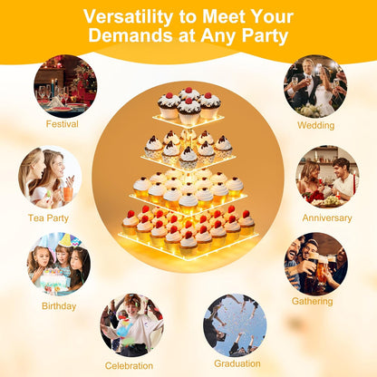 Bulk 2 Pcs Cupcake Stand Holder Acrylic Tower with LED Lighting System Commercial-Grade Dessert Display for Wedding Candy Bars 5-Star Buffets  Warm Gold Wholesale