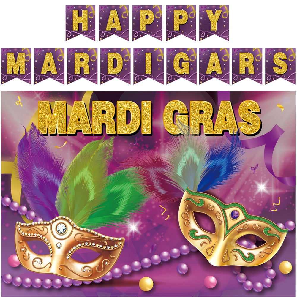 Bulk 12 Pcs 35X59 Inch Purple Mardi Gras Backdrops Banner for Mardi Gras Party Wholesale