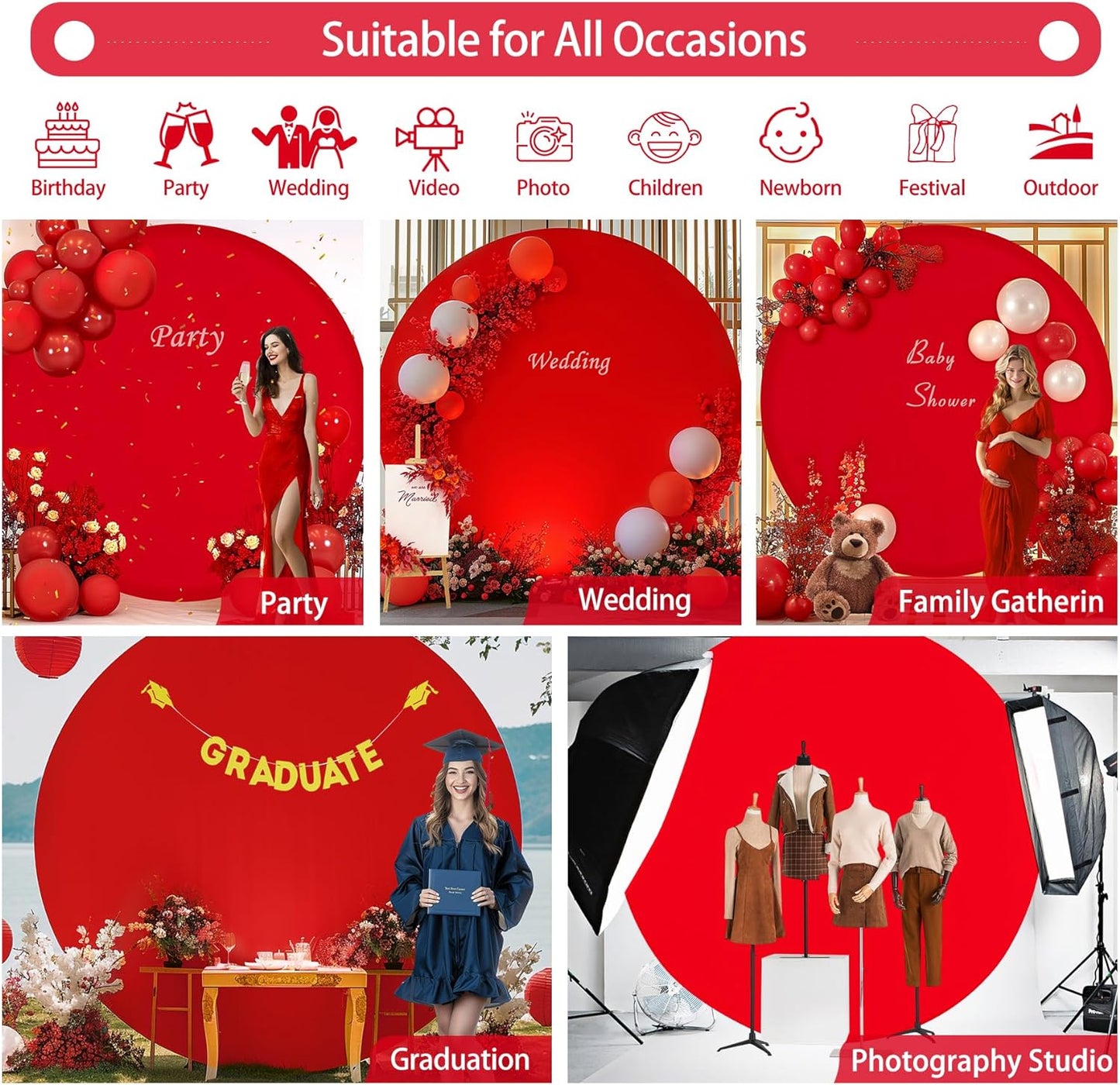 Bulk Adjustable White Round Backdrop Cover for 5 to 7.2ft Circle Arch Stand - Polyester Wedding, Birthday Party, Photography Decoration Wholesale