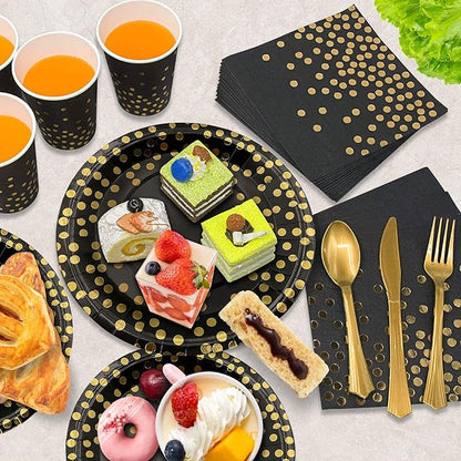 Bulk 50 Pcs Disposable Party Dinnerware Set with Golden Dot Paper Plate Paper Cup Napkin Tableware Set Wholesale