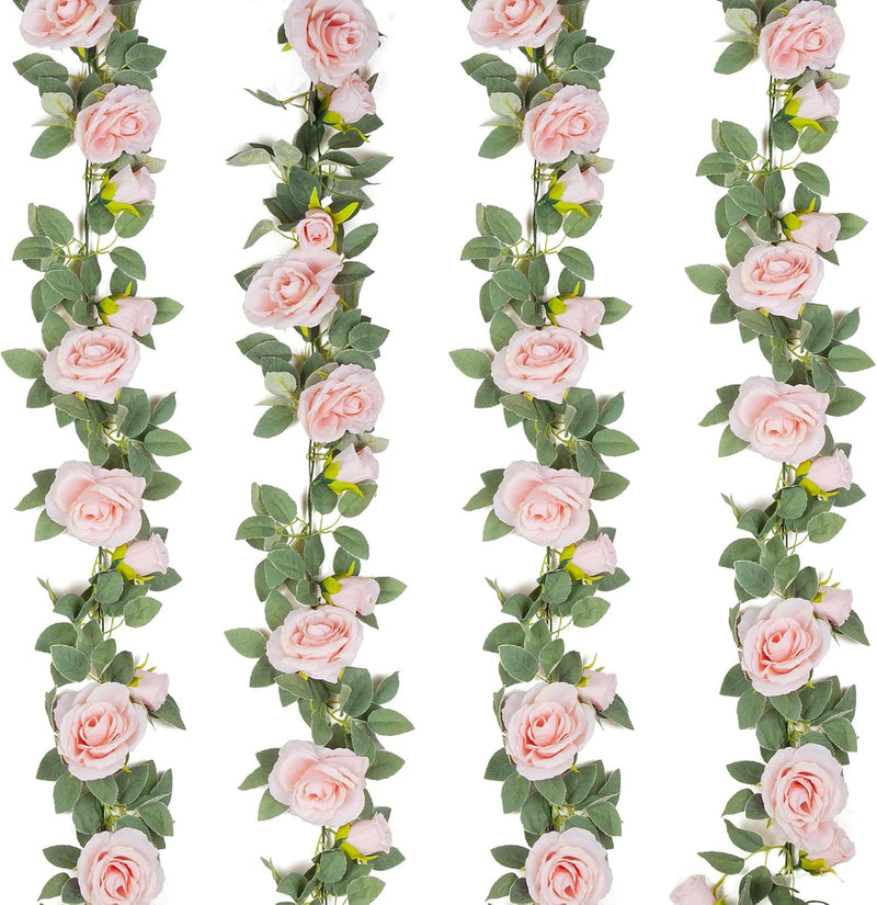 4 Pcs 26 Ft Pink Artificial Silk Rose Vine Garland, 6 Ft Segments, Realistic Flowers for Wedding Arches & Party Decor