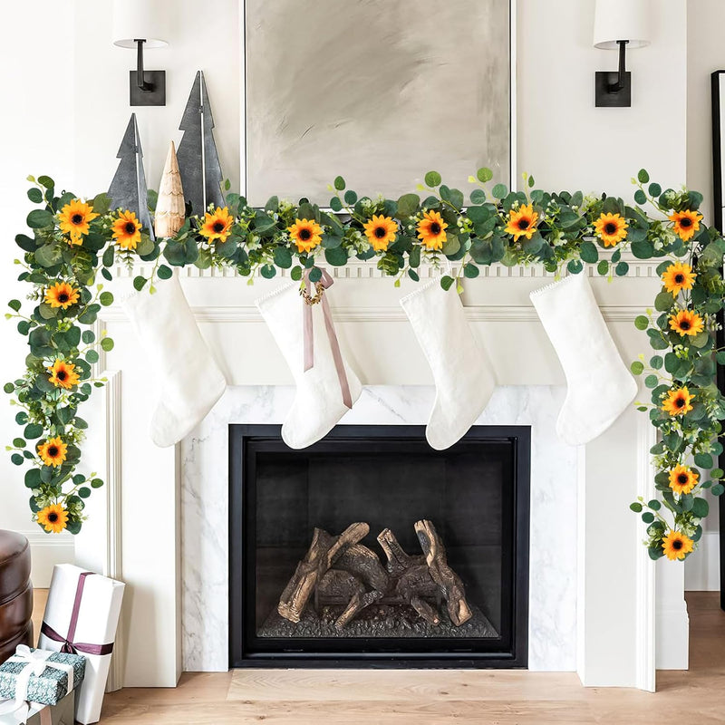 7.5ft Artificial Sunflower Garland 7 Stems Silk Flowers with Green Leaves Outdoor Indoor Decor