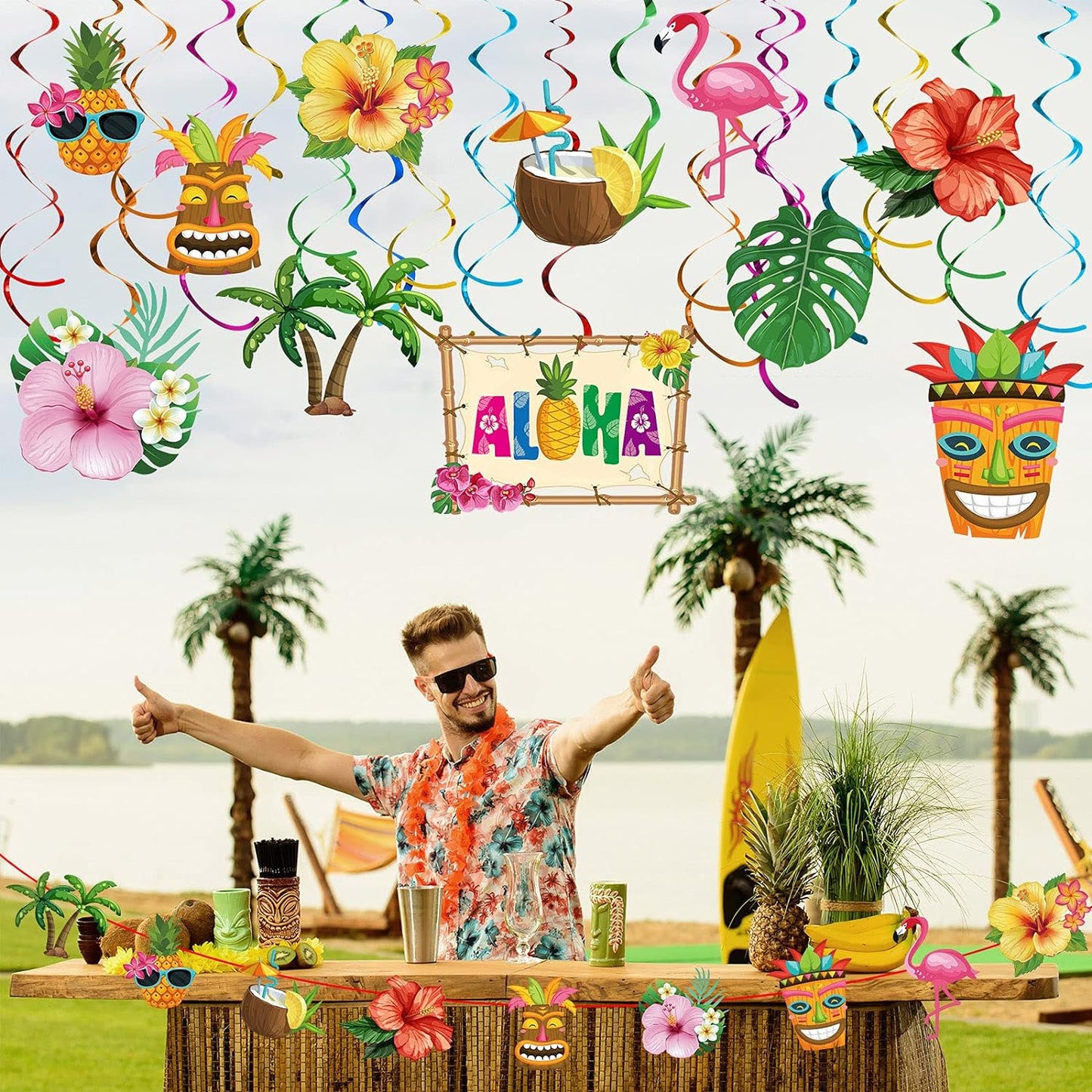 Bulk Hawaiian Birthday Party Backdrop Streamers Hanging Rotating Decorations Tropical Flowers Palm Trees Flamingos Unique Theme Decor Wholesale