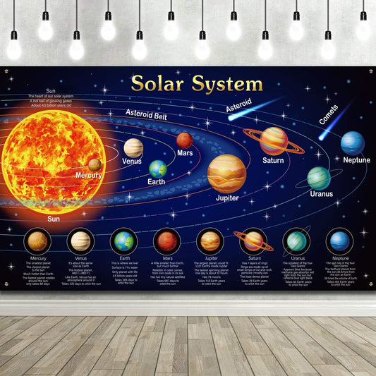 Bulk Large Solar System Poster Educational Planets Backdrop for Kids Space Themed Wall Decor Back to School Supplies Birthday Party Decorations 72.8x43.3 Inch Wholesale