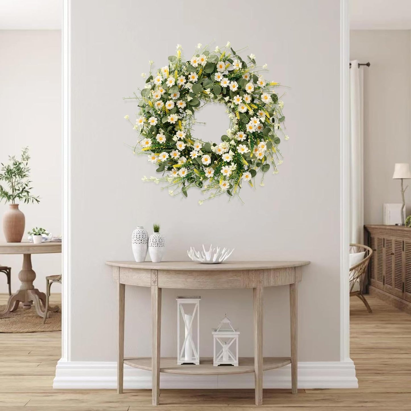 Premium 24 In Daisy Wreath Silk Flowers with Eucalyptus Lavender Boho Farmhouse Wedding Decor Seasonal Wall Hanging Arrangements