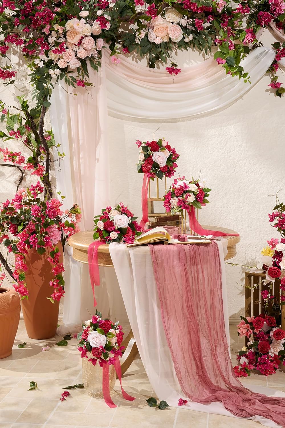 Wedding Arch Floral Set with Sheer Curtains - UV-Resistant Silk Touch Roses