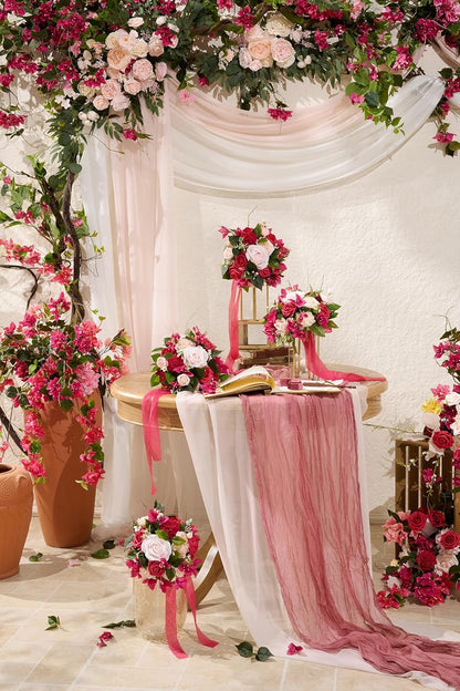 Wedding Arch Floral Set with Sheer Curtains - UV-Resistant Silk Touch Roses