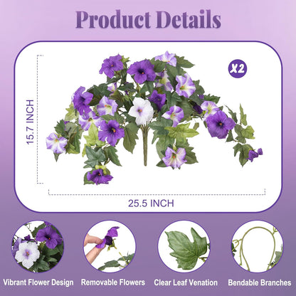 Premium Artificial Petunias with UV Resistant Flowers 2 Fade Proof Faux Plants Outdoor Porch Garden Balcony Patio Decor