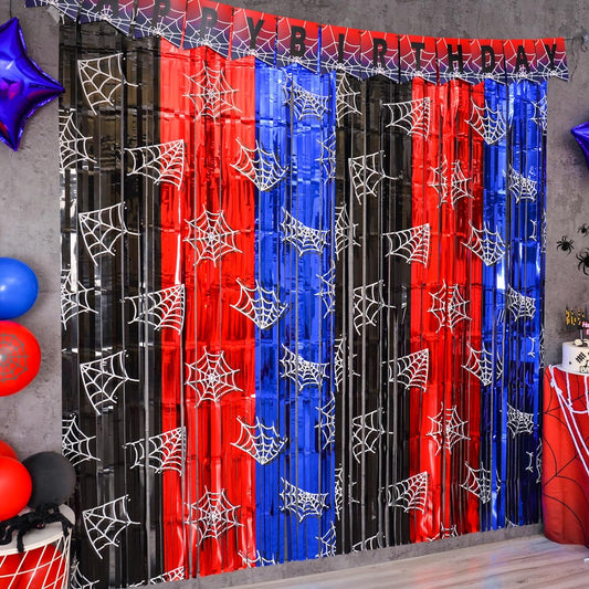 Bulk 2 Pcs Spider Web Party Decor 3.3x6.6ft Tinsel Foil Fringe Curtains Red Black Blue Photo Booth Backdrop for Boys' Birthday Wholesale