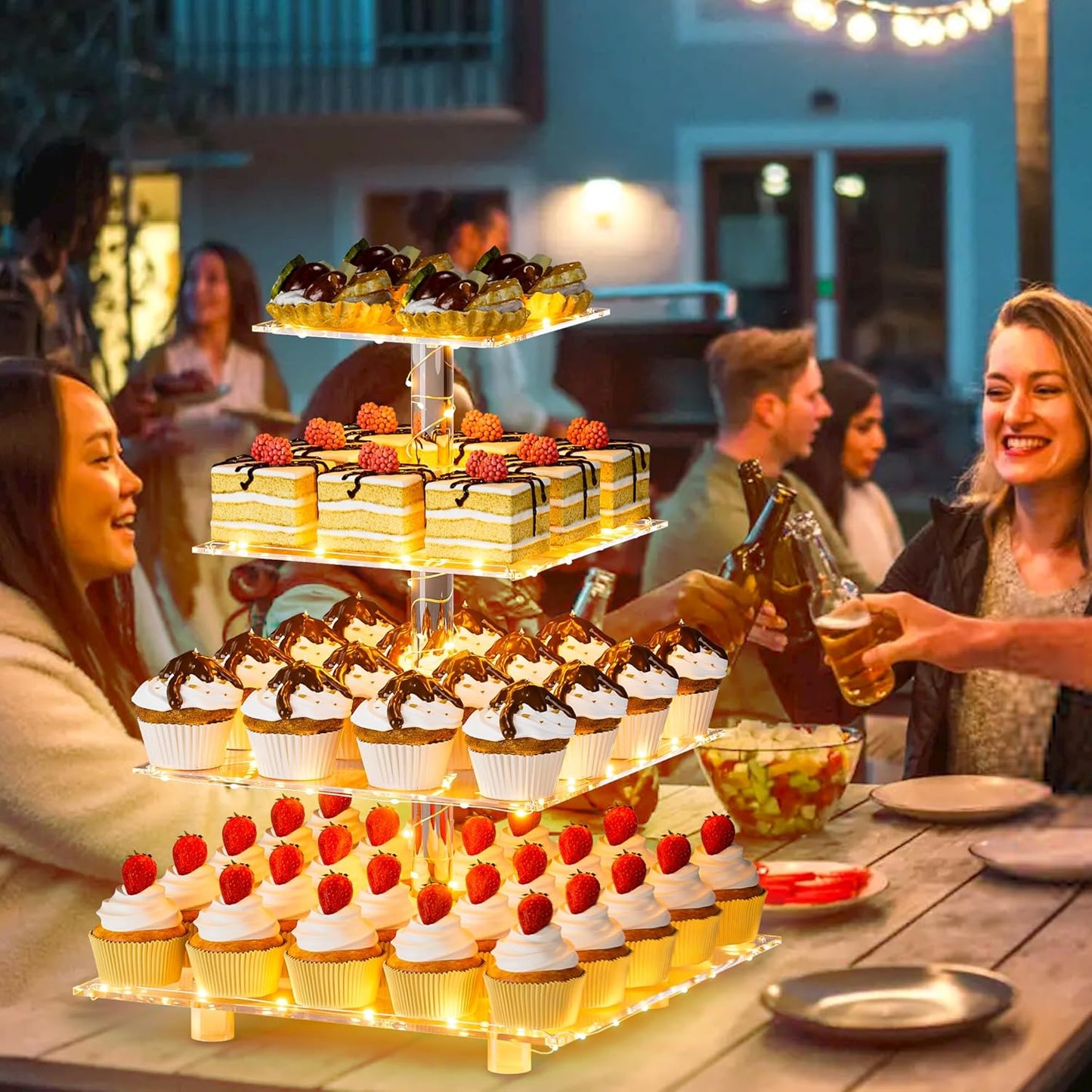 Bulk 2 Pcs Cupcake Stand Holder Acrylic Tower with LED Lighting System Commercial-Grade Dessert Display for Wedding Candy Bars 5-Star Buffets  Warm Gold Wholesale