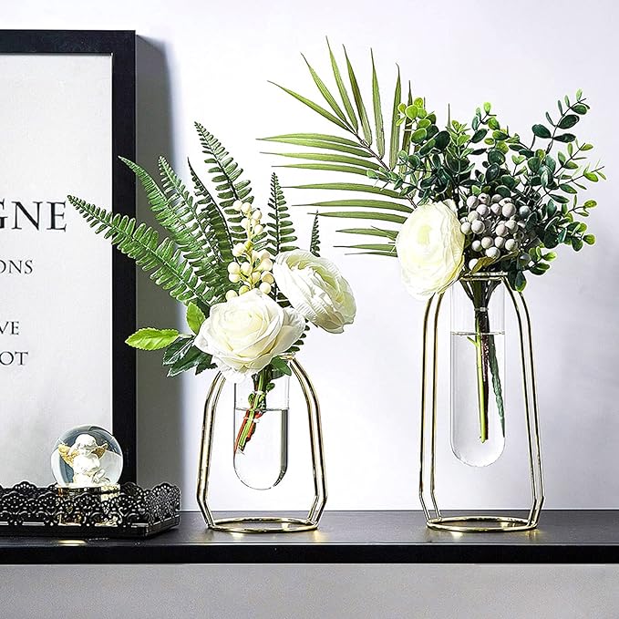 Bulk 1pc Gold Glass Vase With Metal Frame Geometric Hydroponics Vase for Centerpieces Wedding Office Living Room Decor Wholesale