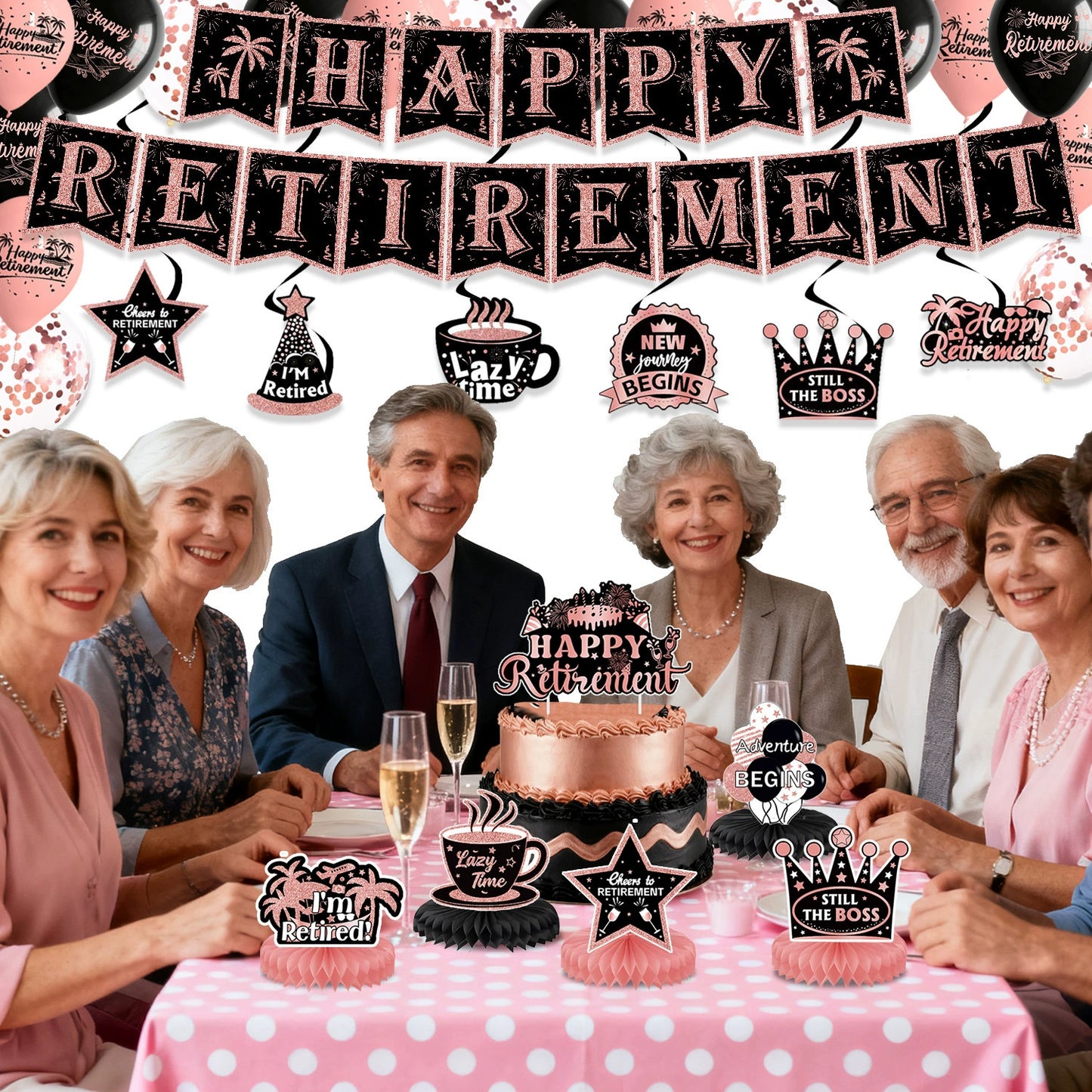 84-Piece Rose Gold Retirement Party Decor Kit - All-In-One Party Supplies & Decorations