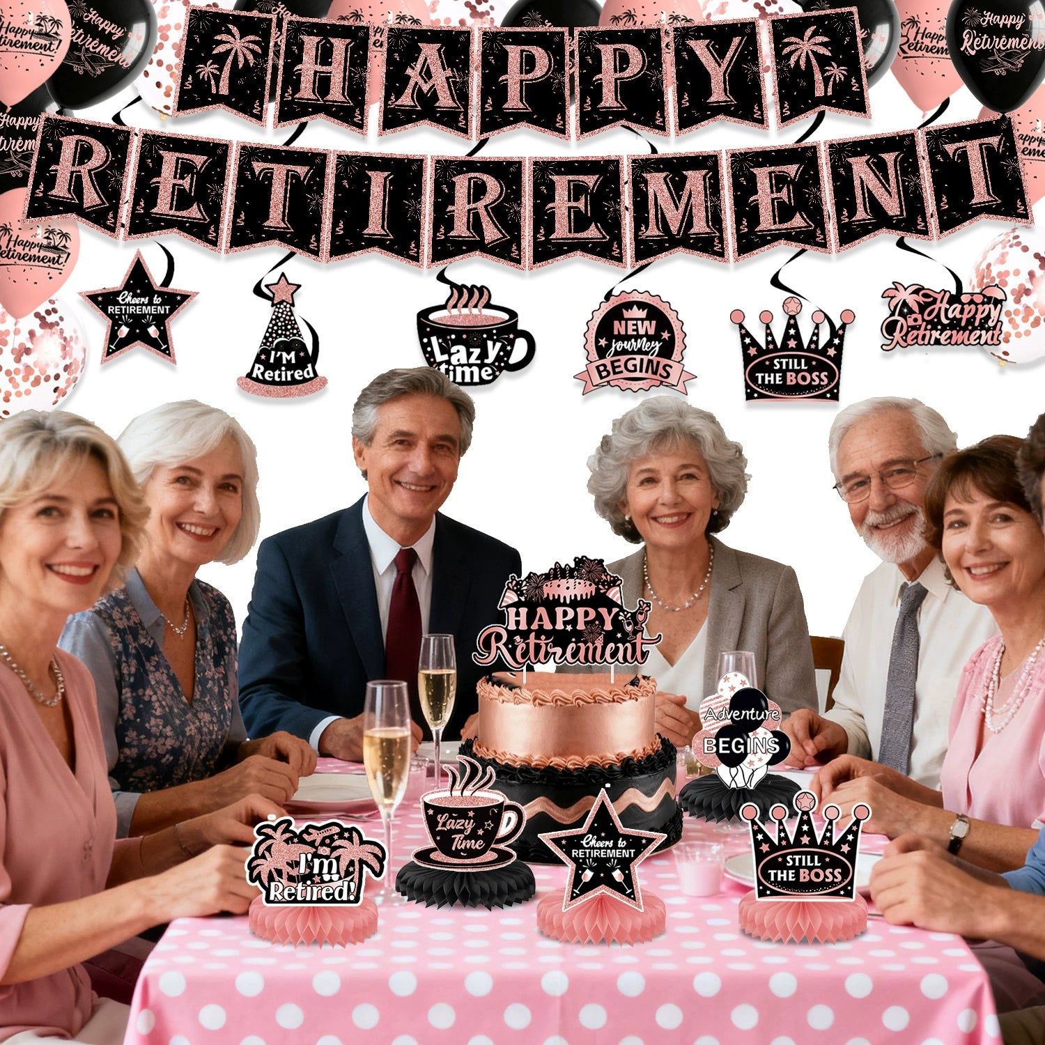 84-Piece Rose Gold Retirement Party Decor Kit - All-In-One Party Supplies & Decorations