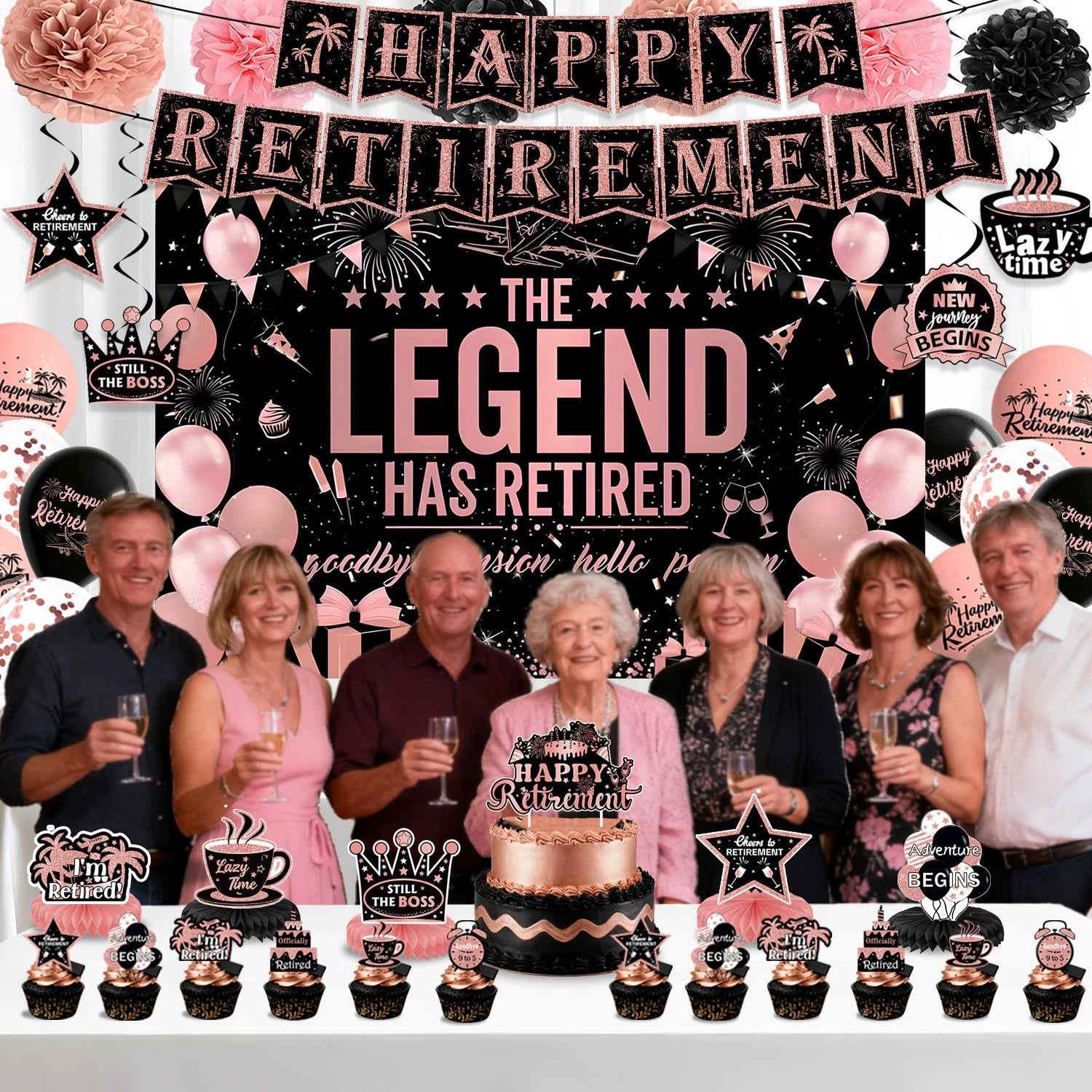 84-Piece Rose Gold Retirement Party Decor Kit - All-In-One Party Supplies & Decorations