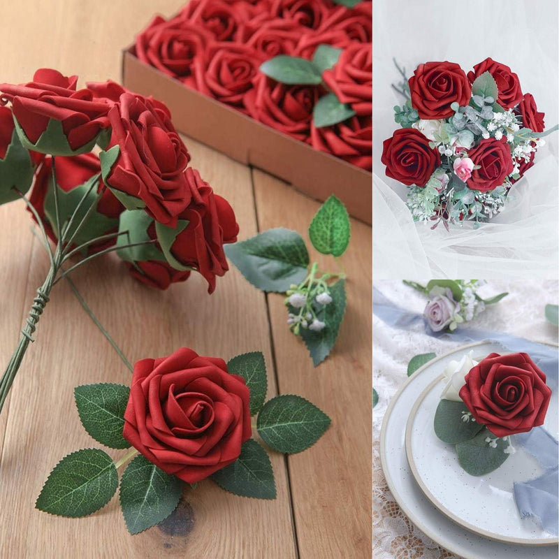 25 Pcs Artificial Foam Roses with Bendable Stems, 12 Inch, Ivory White Purple for DIY Wedding Bouquets and Centerpieces