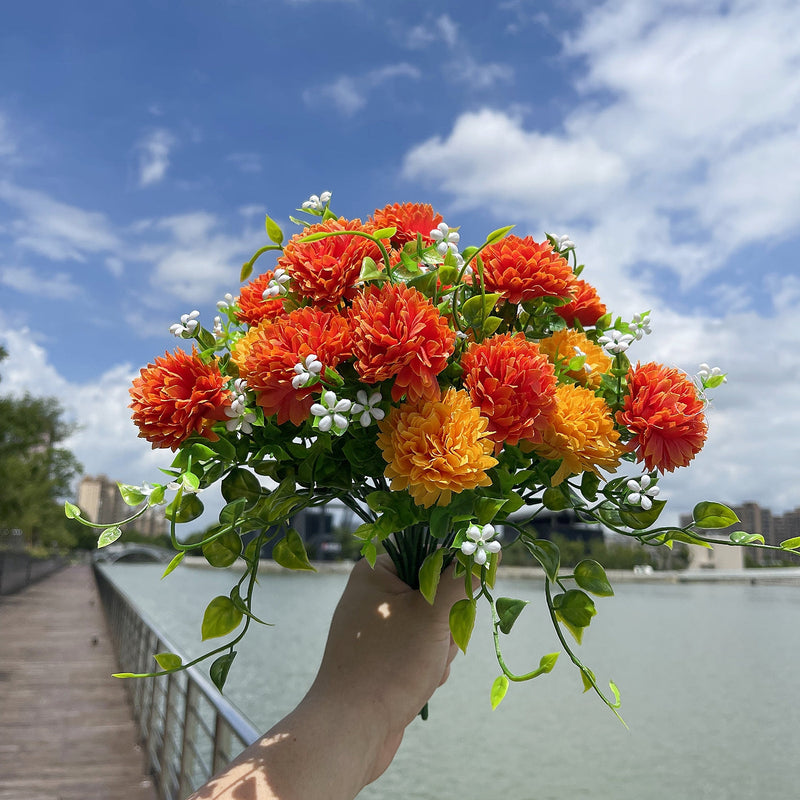 8 Bundles Artificial Chrysanthemum Flower Bushes for Outdoors, UV Resistant Fall Mum Plants