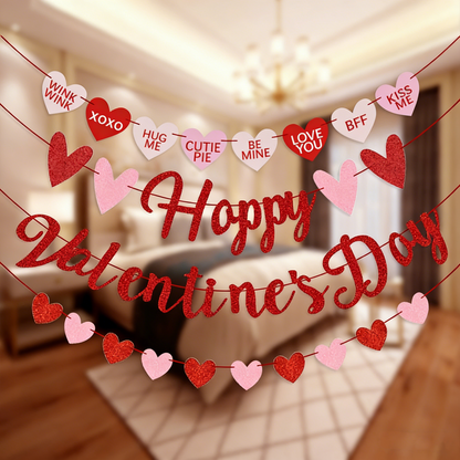 Valentine's Day Heart Glitter Garland - Happy Valentine's Day Letter Banner (Pink & Red)