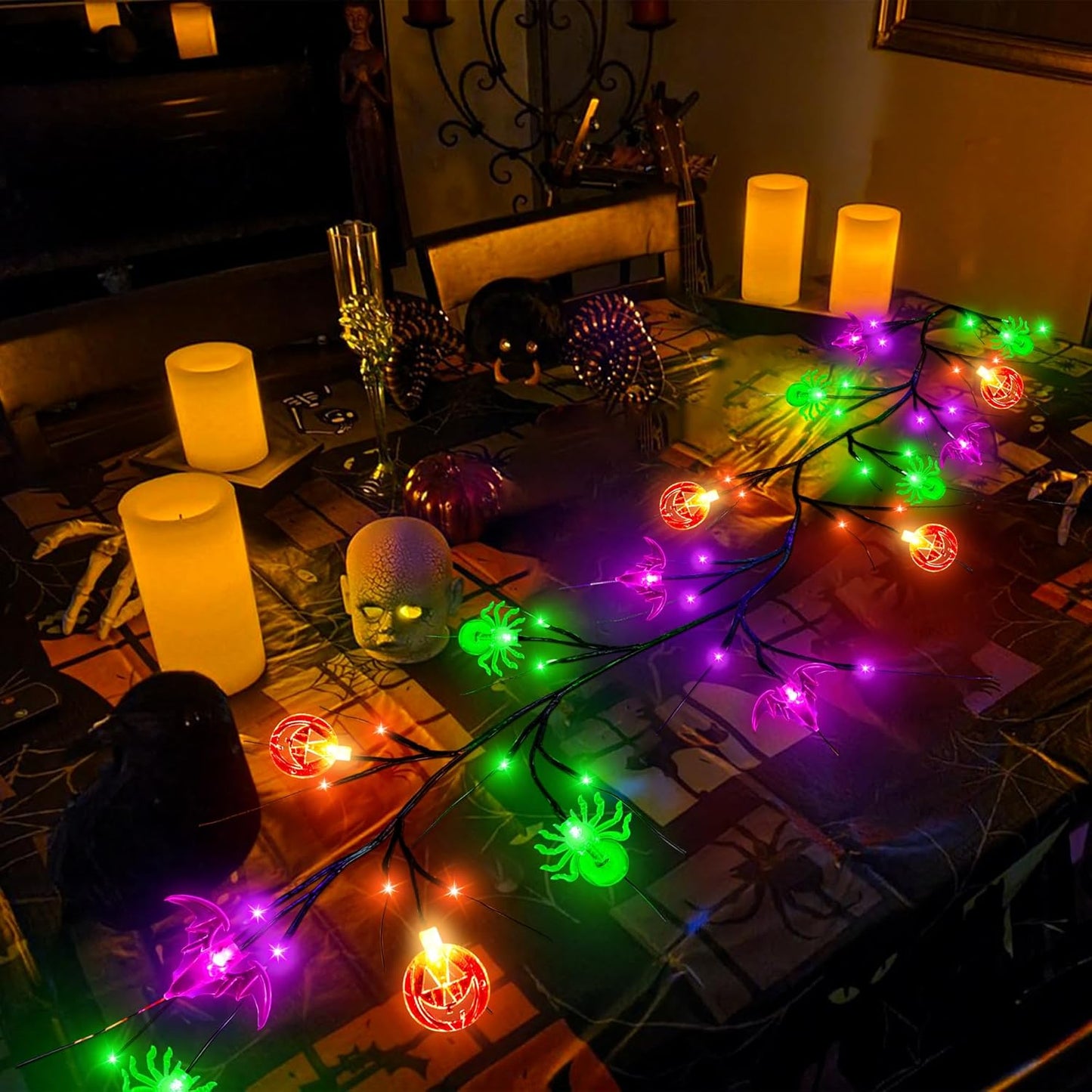 Bulk 6FT Halloween Willow Vine with 54 LED Lights Pumpkin Bat Spider Garland 8 Modes Battery Powered Indoor/Outdoor Decor Wholesale
