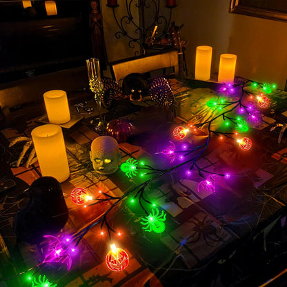 Bulk 6FT Halloween Willow Vine with 54 LED Lights Pumpkin Bat Spider Garland 8 Modes Battery Powered Indoor/Outdoor Decor Wholesale