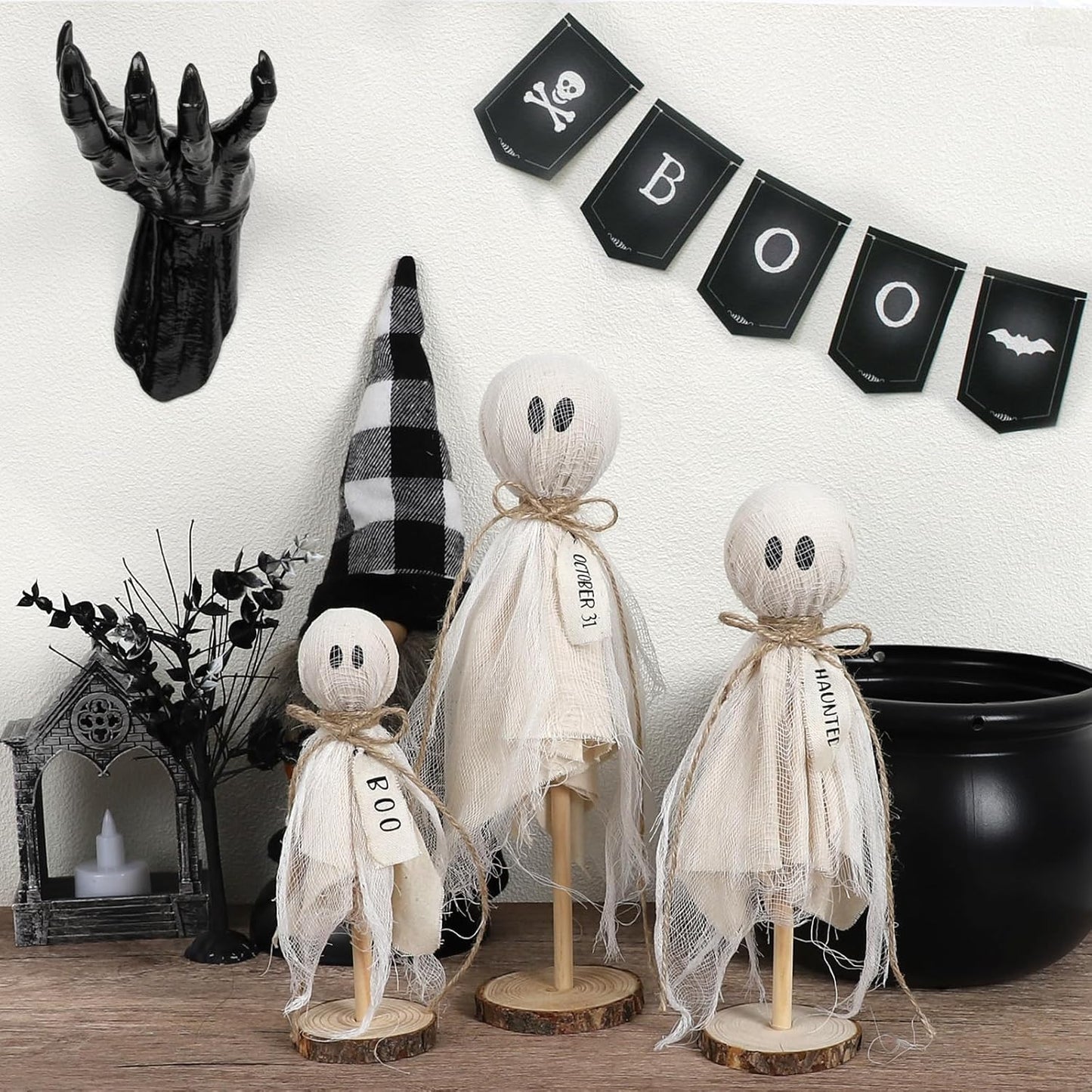 Bulk 3 Pcs Halloween Wooden Ghost Decorations Table Centerpieces for Shelves Fireplaces Spooky Halloween Decor Wholesale