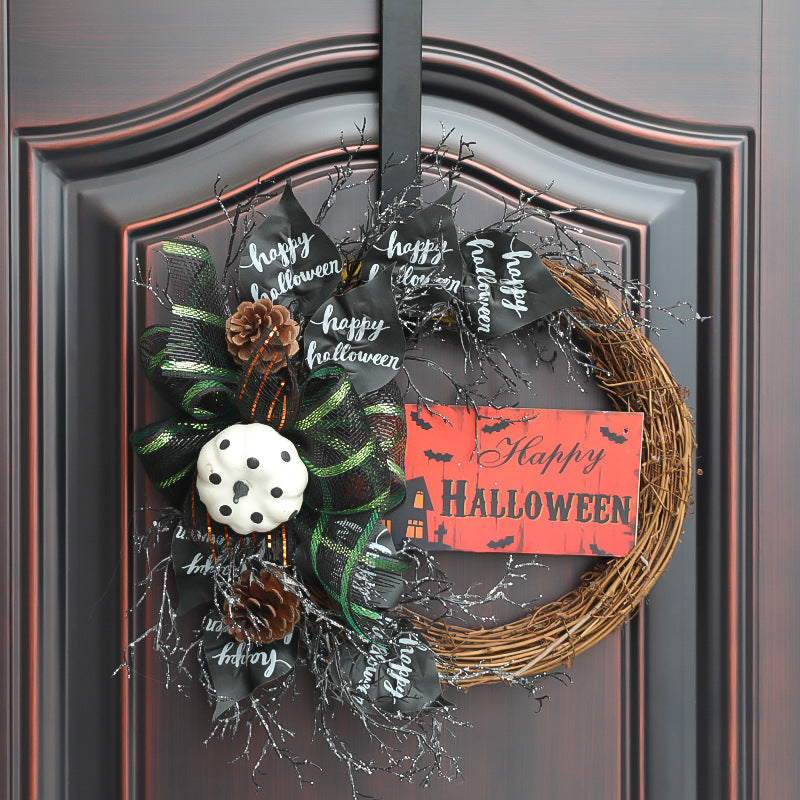 18 Inch Artificial Black Pumpkin Leaves Mesh Wreath Bulk Halloween Decoration