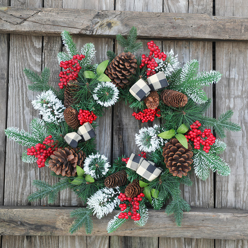 Artificial Christmas Pine Needle Berry Trident Leaf Wreath 20 Inch