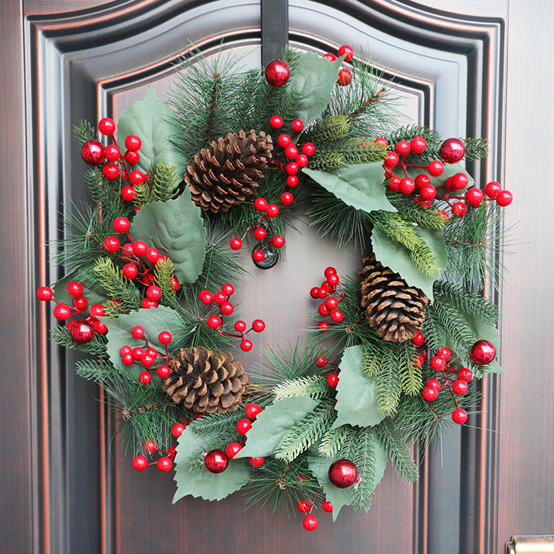 Artificial Christmas Pine Needle Wreath with Red Pine Cones, 20 Inch