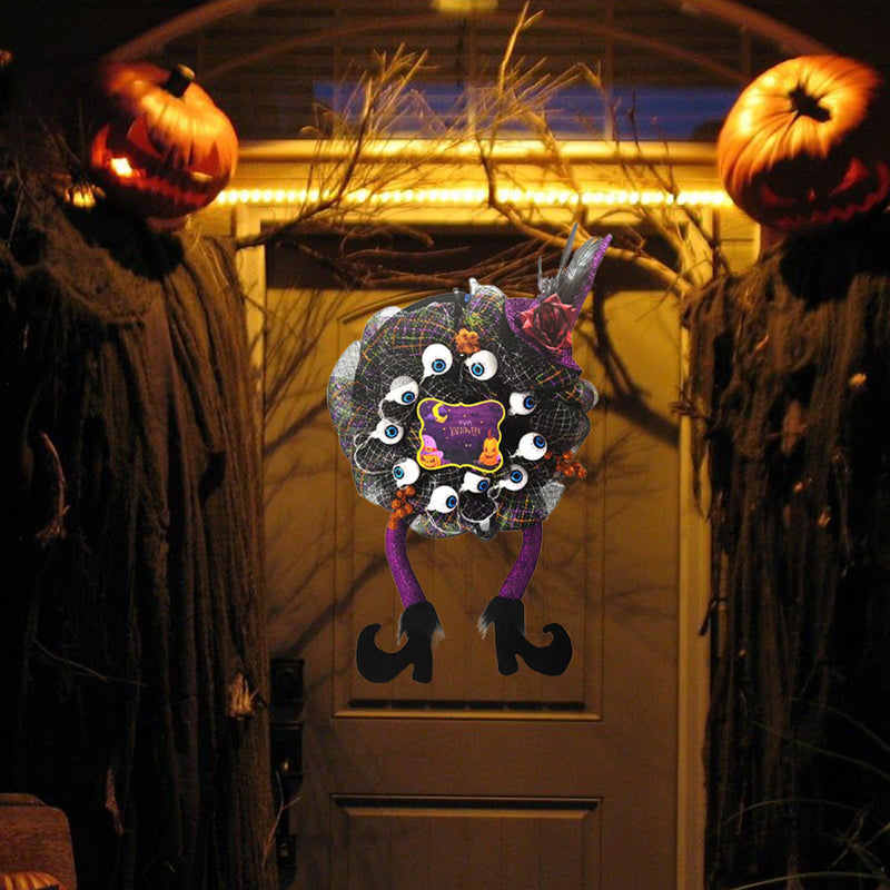 Halloween Witch Leg Wreath with Eyeball Decoration, 24 Inch Artificial Halloween Door Decor