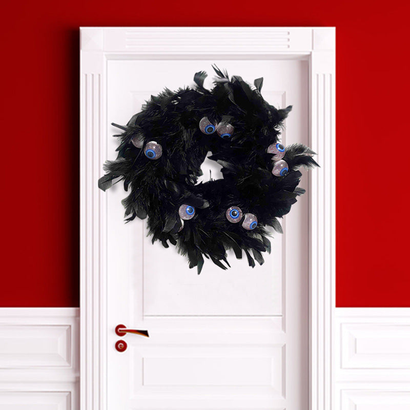 Halloween Black Feather Wreath with Eyeball Decoration 12 Inch Artificial