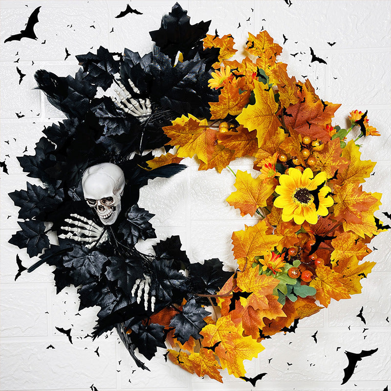 Halloween Mesh Pine Cone Berry Rattan Wreath with Skull 18 Inch Black Bulk Wholesale
