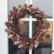 Christmas Log Pine Cone Red Berry Fish Scale Artificial Wreath 16 Inch