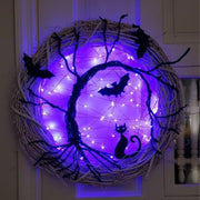 Halloween Witch Broom and Black Cat Light-Up Wreath 12 Inch Purple Artificial Flowers