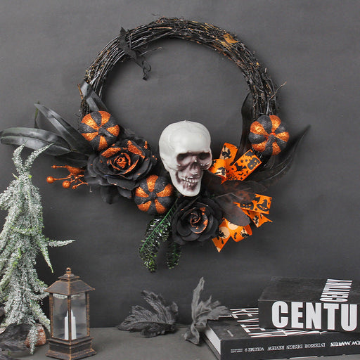 Halloween Feather Skull Pumpkin Wreath 16 Inch Artificial Decorative Bulk Wholesale