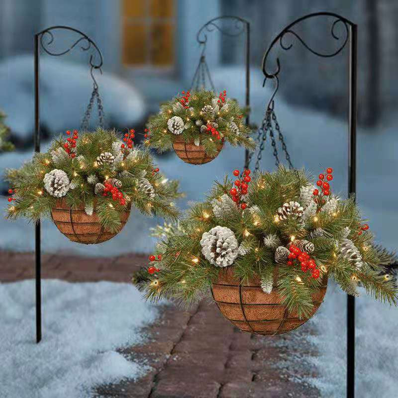 Artificial Christmas Hanging Basket with Frosted Berries, Bulk DIY Decoration, Artificial Material