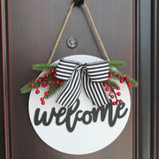 Christmas Black Striped Bow Front Door Decoration 12 Inch Artificial Wreath Accent