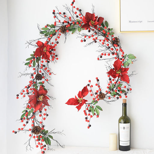 71 Inch Christmas Red Poinsettia Berry Garland Ring Rattan Artificial Holiday Decoration