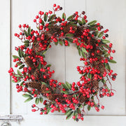24 Inch Artificial Christmas Wreath with Red Berries and Pine Cones, Bulk Wholesale Quantity