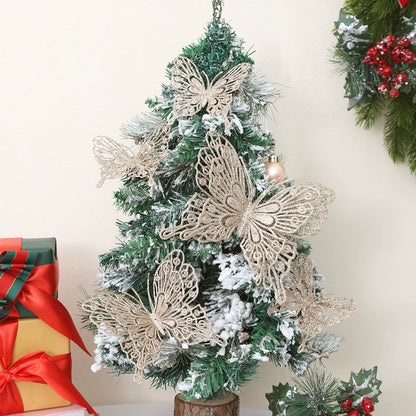 9-Piece 3D Glitter Double-Layer Hollow Butterfly Christmas Decor Set (3 Sizes) + 9 Clips