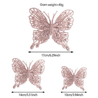 9-Piece 3D Glitter Double-Layer Hollow Butterfly Christmas Decor Set (3 Sizes) + 9 Clips