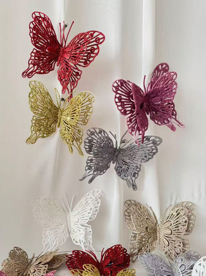 9-Piece Christmas Butterfly Decor Set 3D Glitter Double-Layer Hollow - TreeWallWreath Decor + 9 Clips